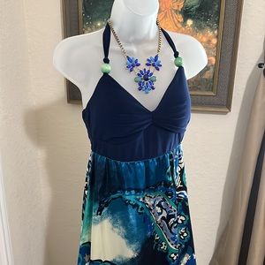 Blue Satin Maxi Halter Dress